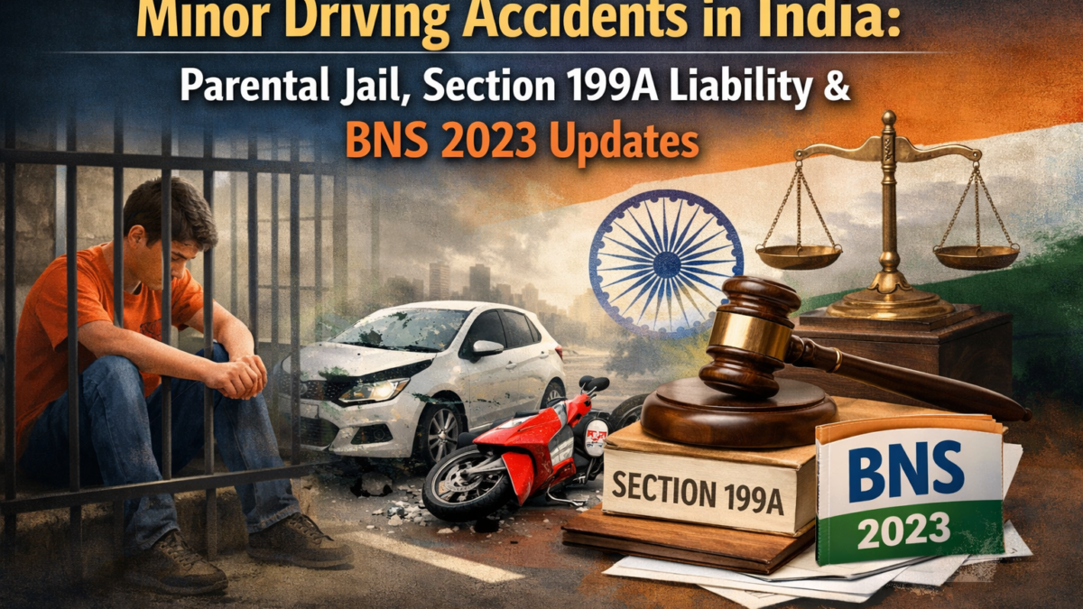 create a generic 169 aspect ratio image for Minor Driving Accidents in India Parental Jail, Section 199A Liability & BNS 2023 Updates