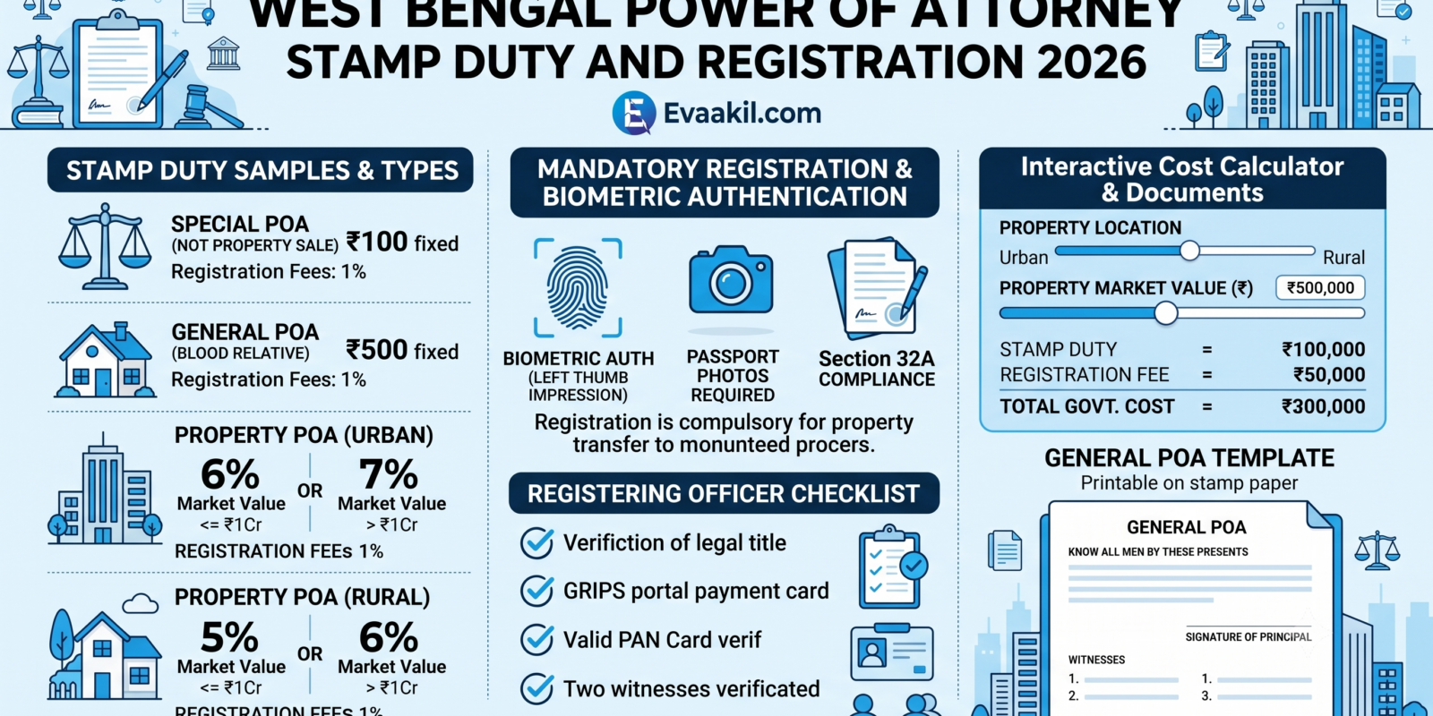 Find the 2026 stamp duty rates, registration rules, and biometric mandates for executing a Power of Attorney in West Bengal. Includes legal templates and calculators.