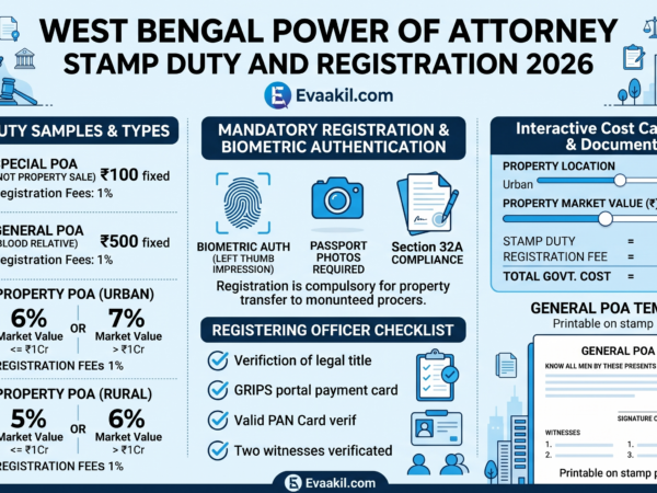 Find the 2026 stamp duty rates, registration rules, and biometric mandates for executing a Power of Attorney in West Bengal. Includes legal templates and calculators.